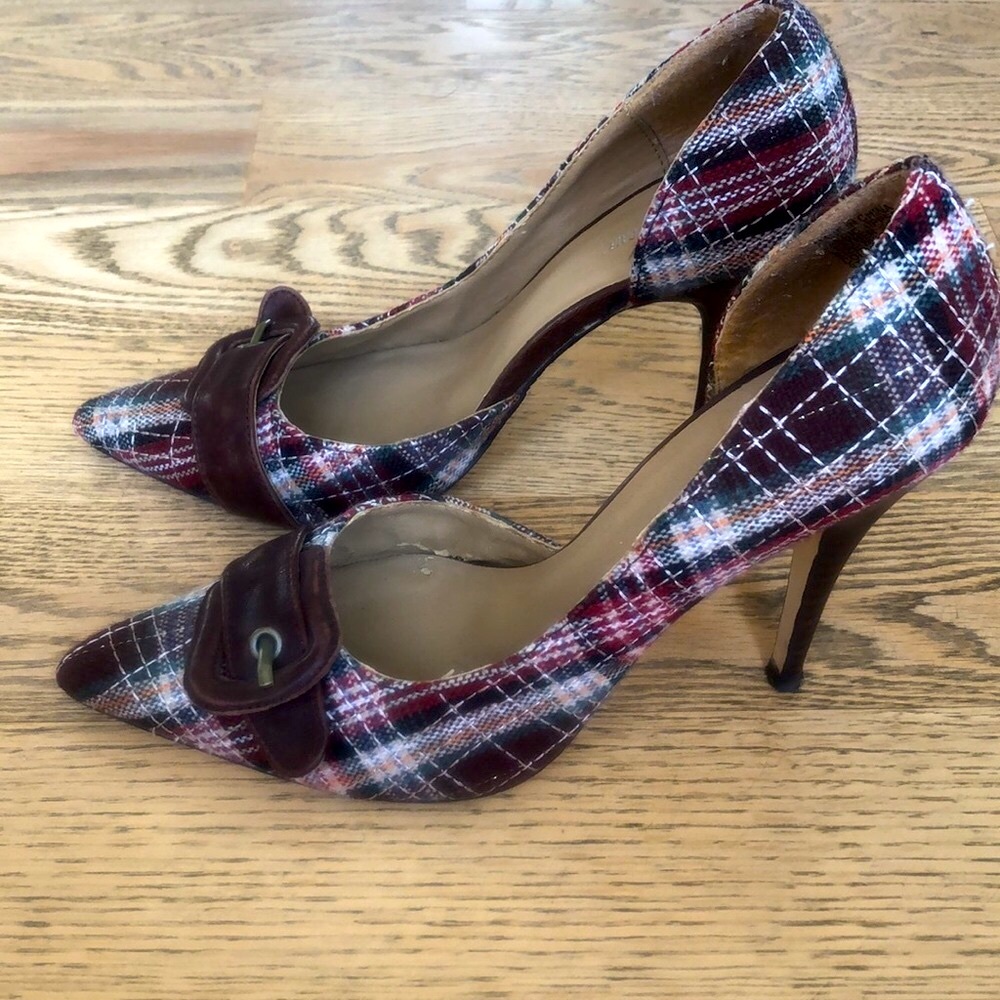 Vintage Plaid pump d’orsay pointed toe stiletto dress buckle shoe leather tartan